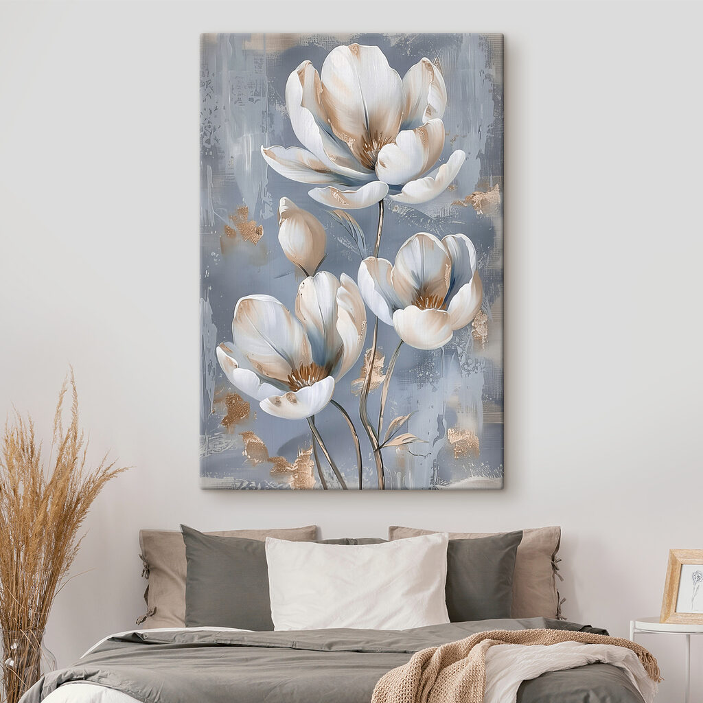 A painting of flowers on a blue background