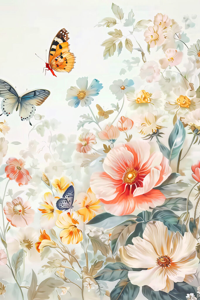 A painting of flowers and butterflies