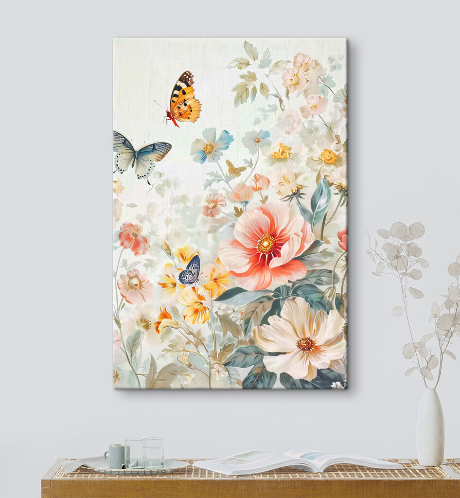 A painting of flowers and butterflies