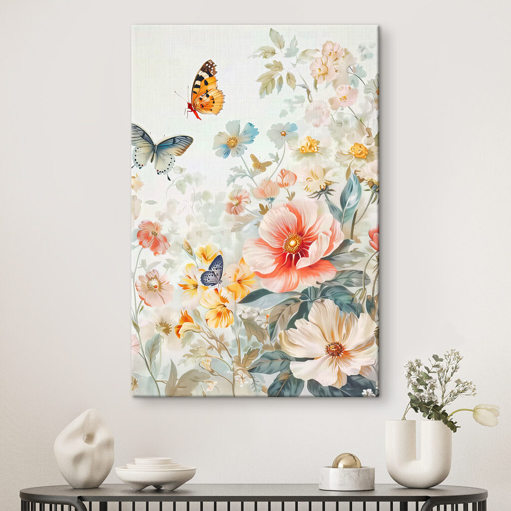 A painting of flowers and butterflies