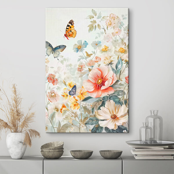 A painting of flowers and butterflies