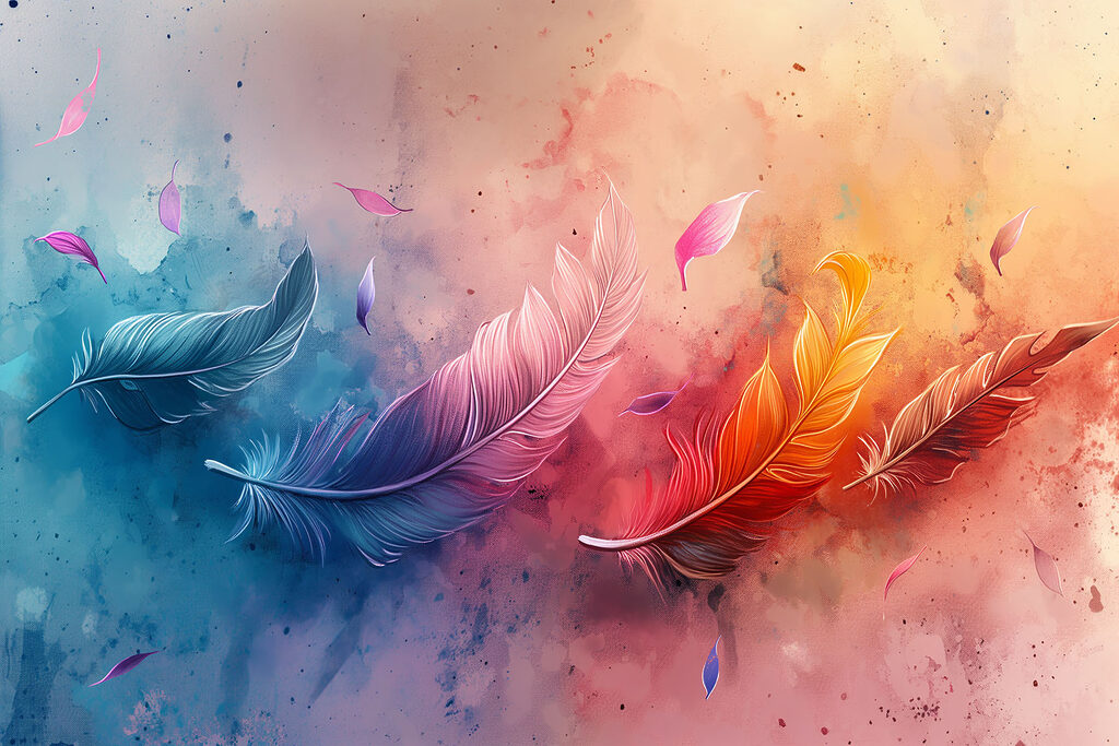 A colorful feathers flying in the air