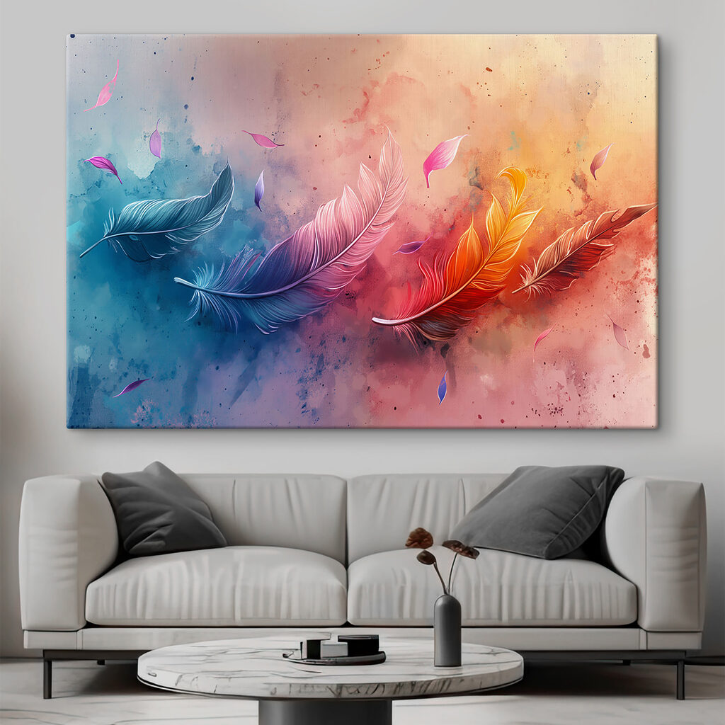A colorful feathers flying in the air