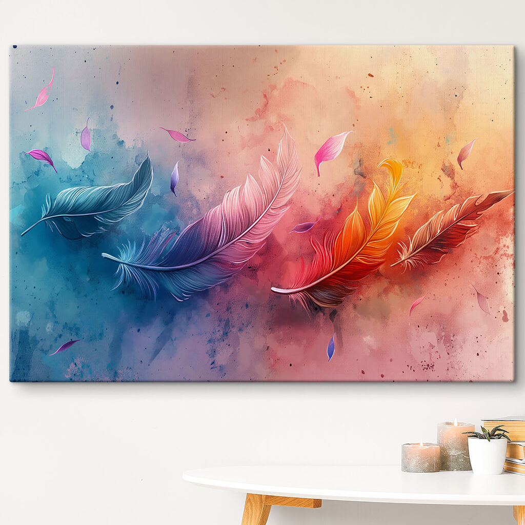 A colorful feathers flying in the air