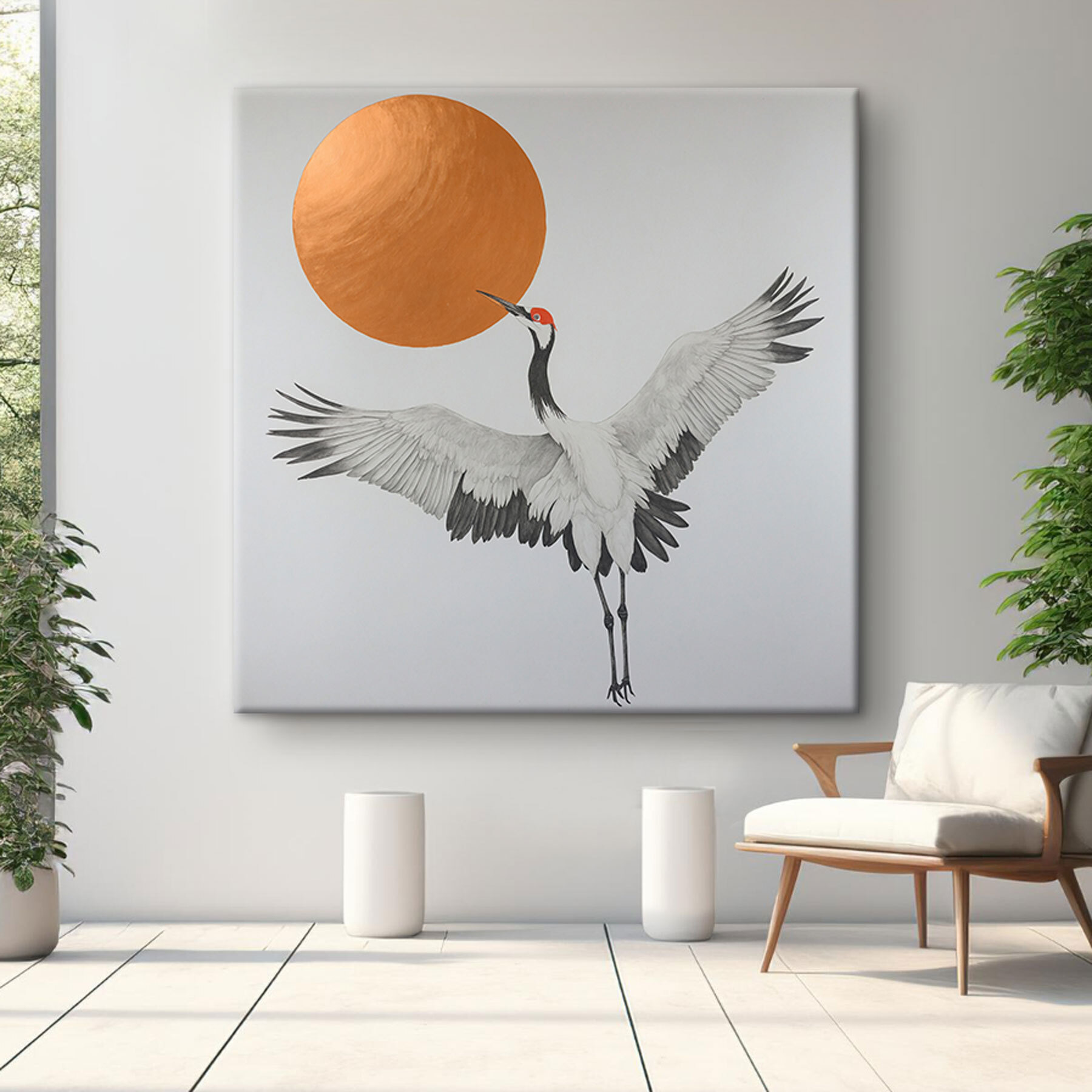 Crane dances under radiant sun