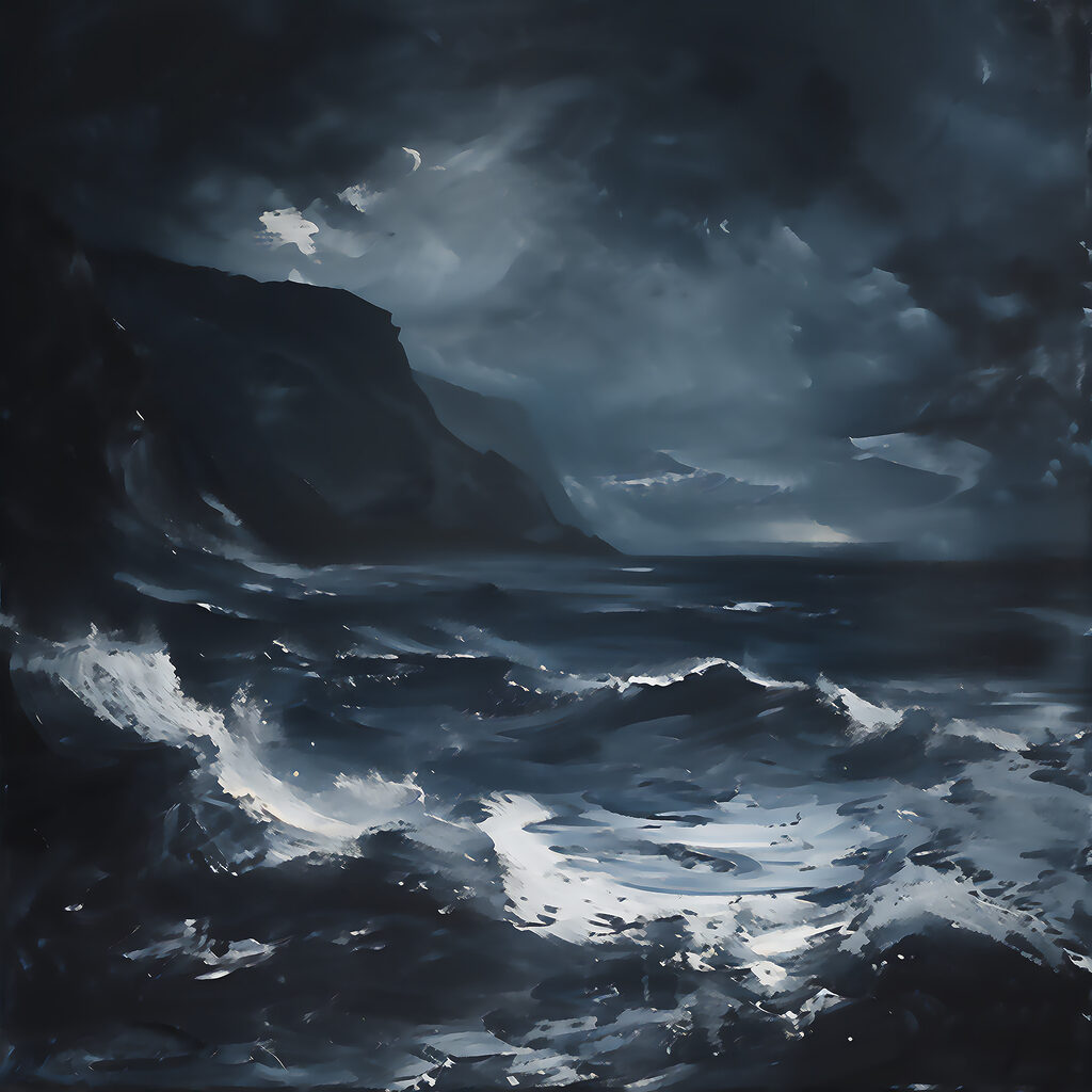 A stormy sea with mountains and clouds