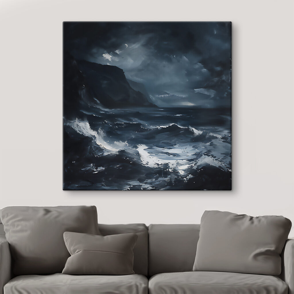 A stormy sea with mountains and clouds