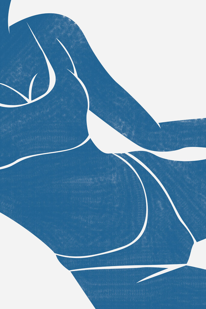 A blue and white drawing of a woman's body