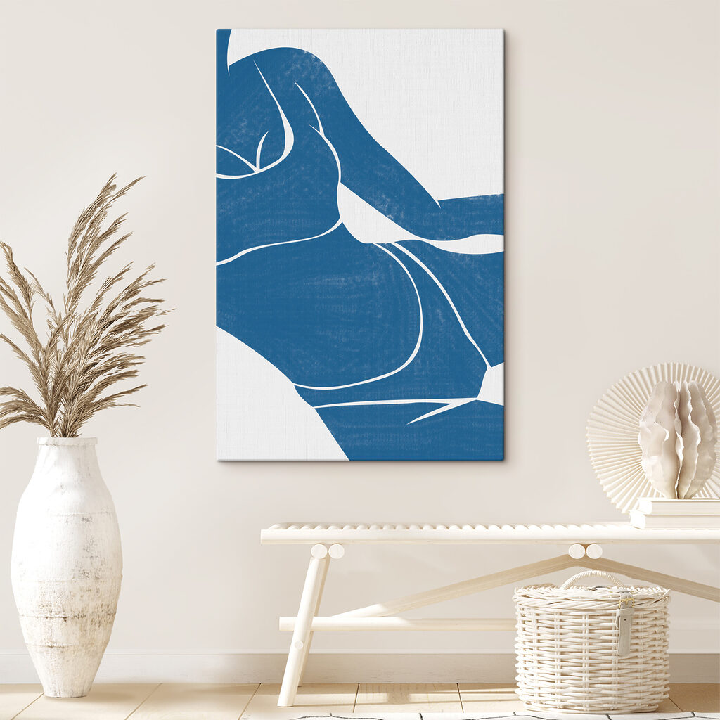 A blue and white drawing of a woman's body