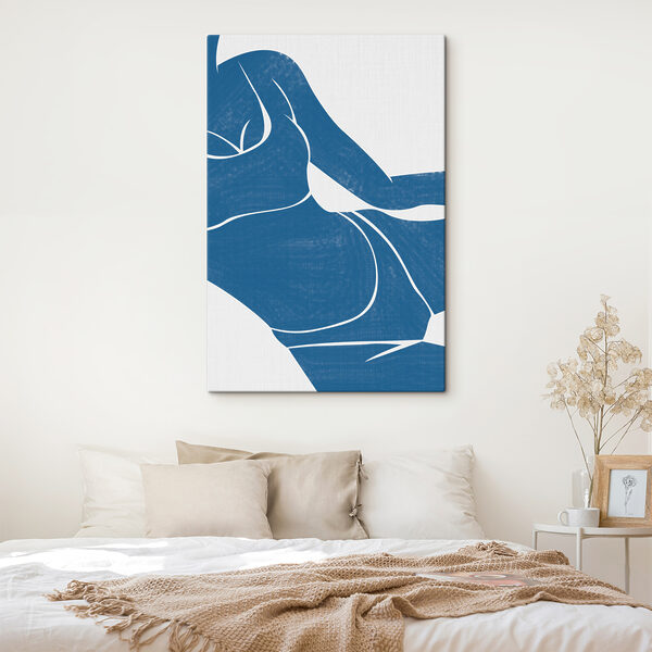 A blue and white drawing of a woman's body