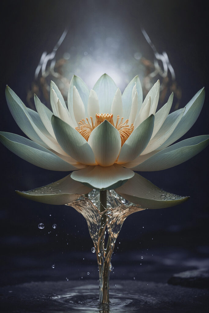 A white flower with yellow center and water splashing out A white flower with yellow center and water splashing out