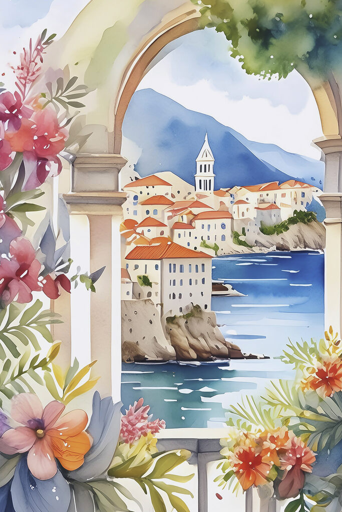 A watercolor painting of a town on a cliff A watercolor painting of a town on a cliff