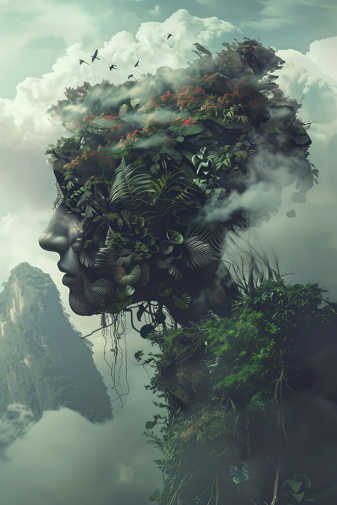 A face made of plants and clouds