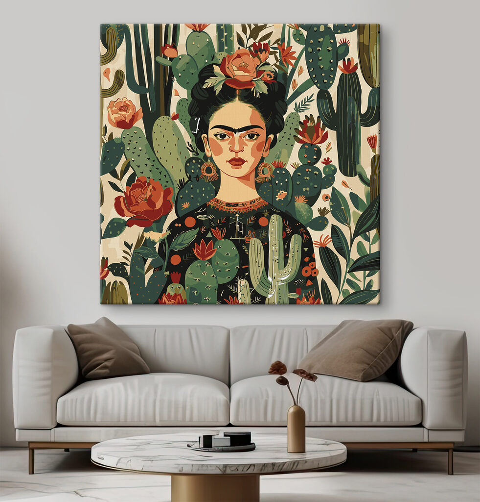 A painting of a woman with cactuses