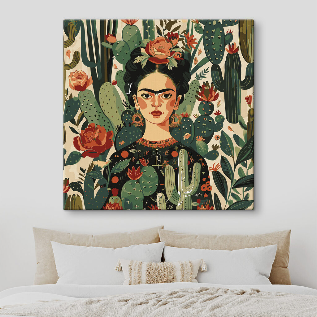 A painting of a woman with cactuses