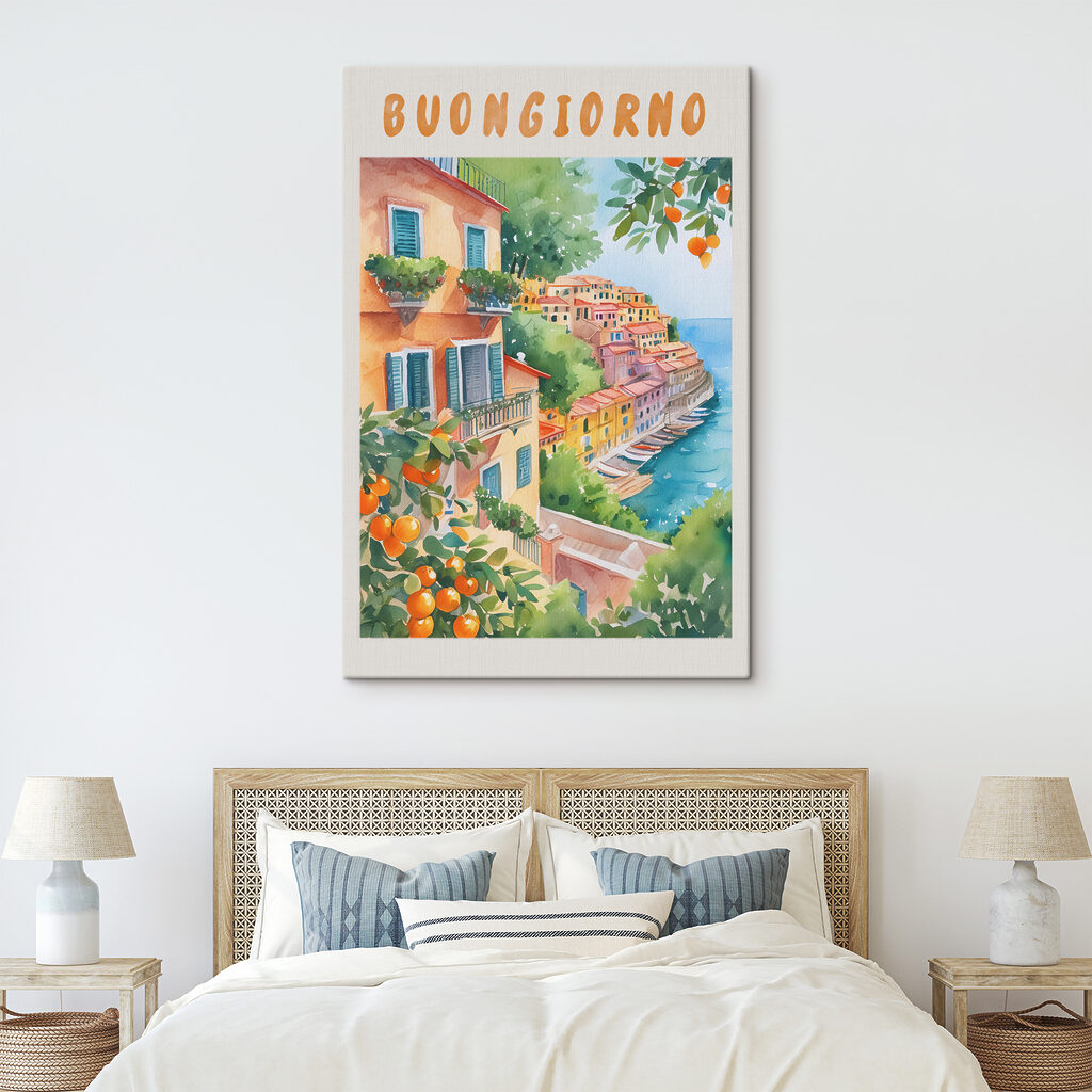 Watercolor painting of a town by the water