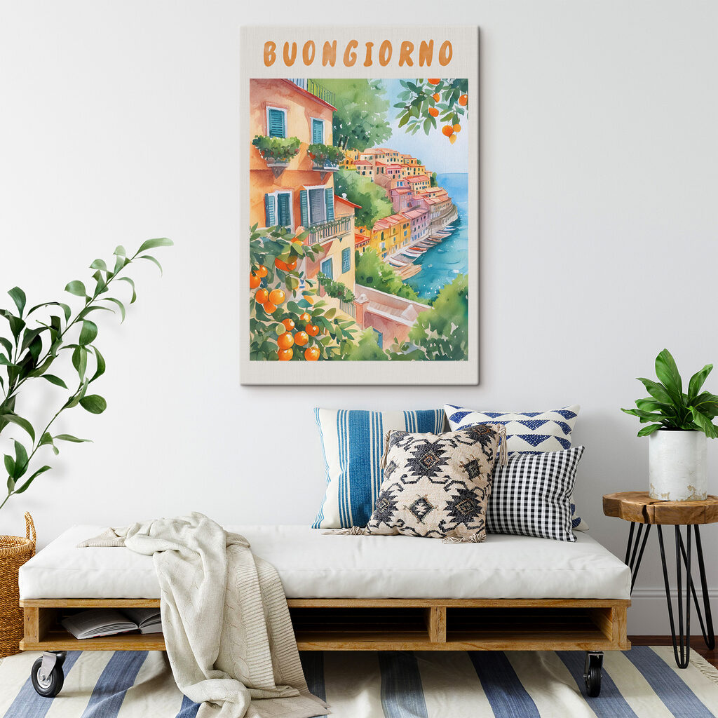 Watercolor painting of a town by the water