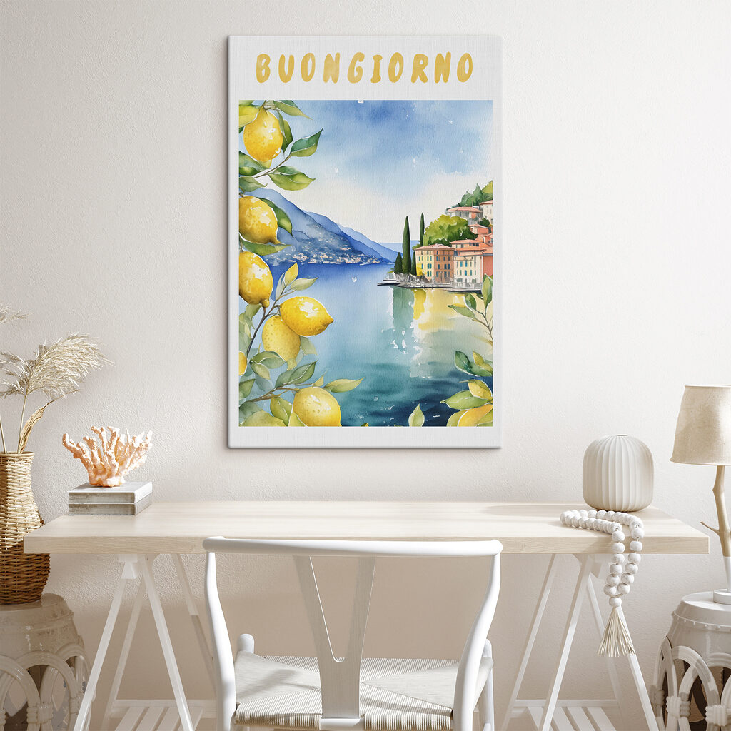 Watercolor painting of a city and a body of water