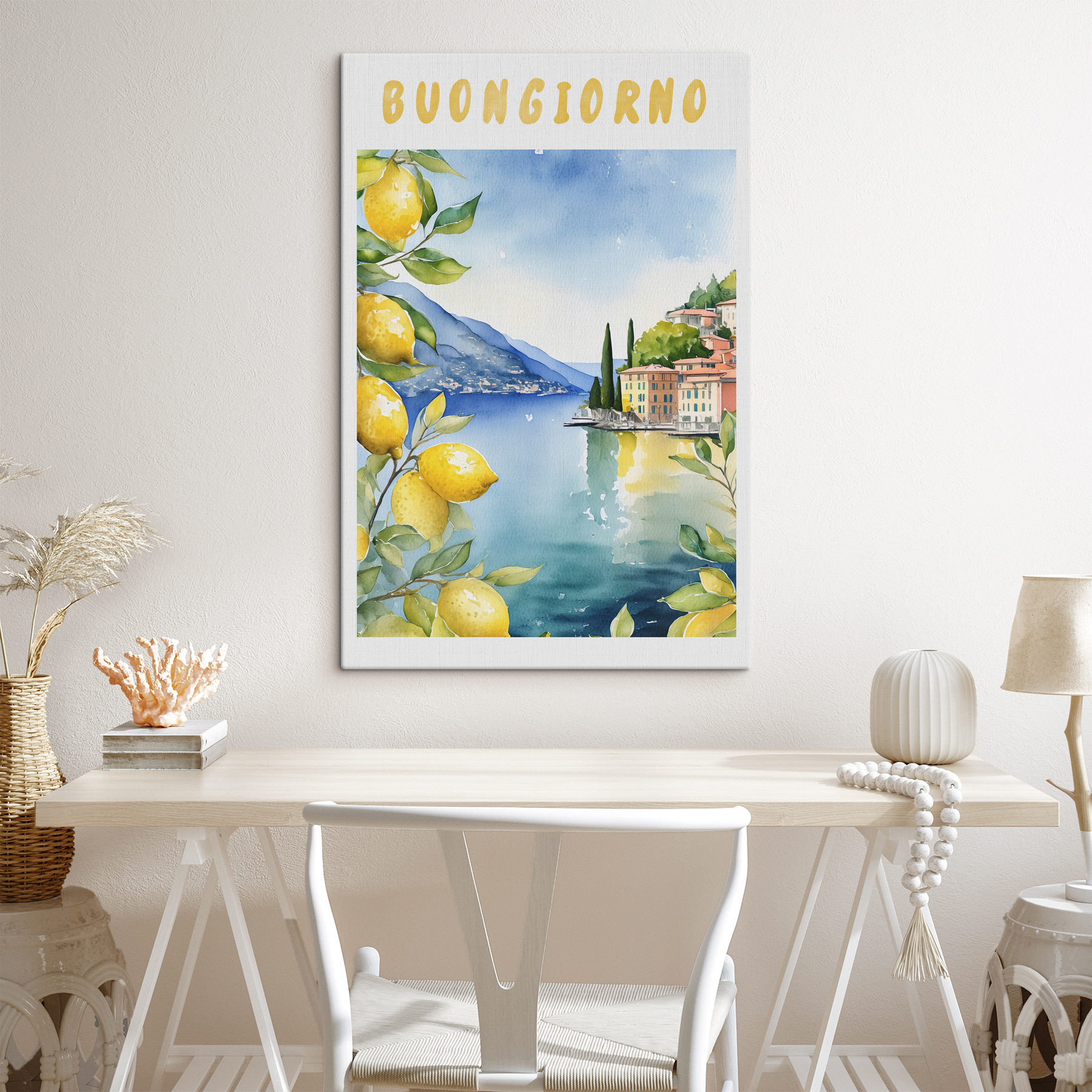 Watercolor painting of a city and a body of water