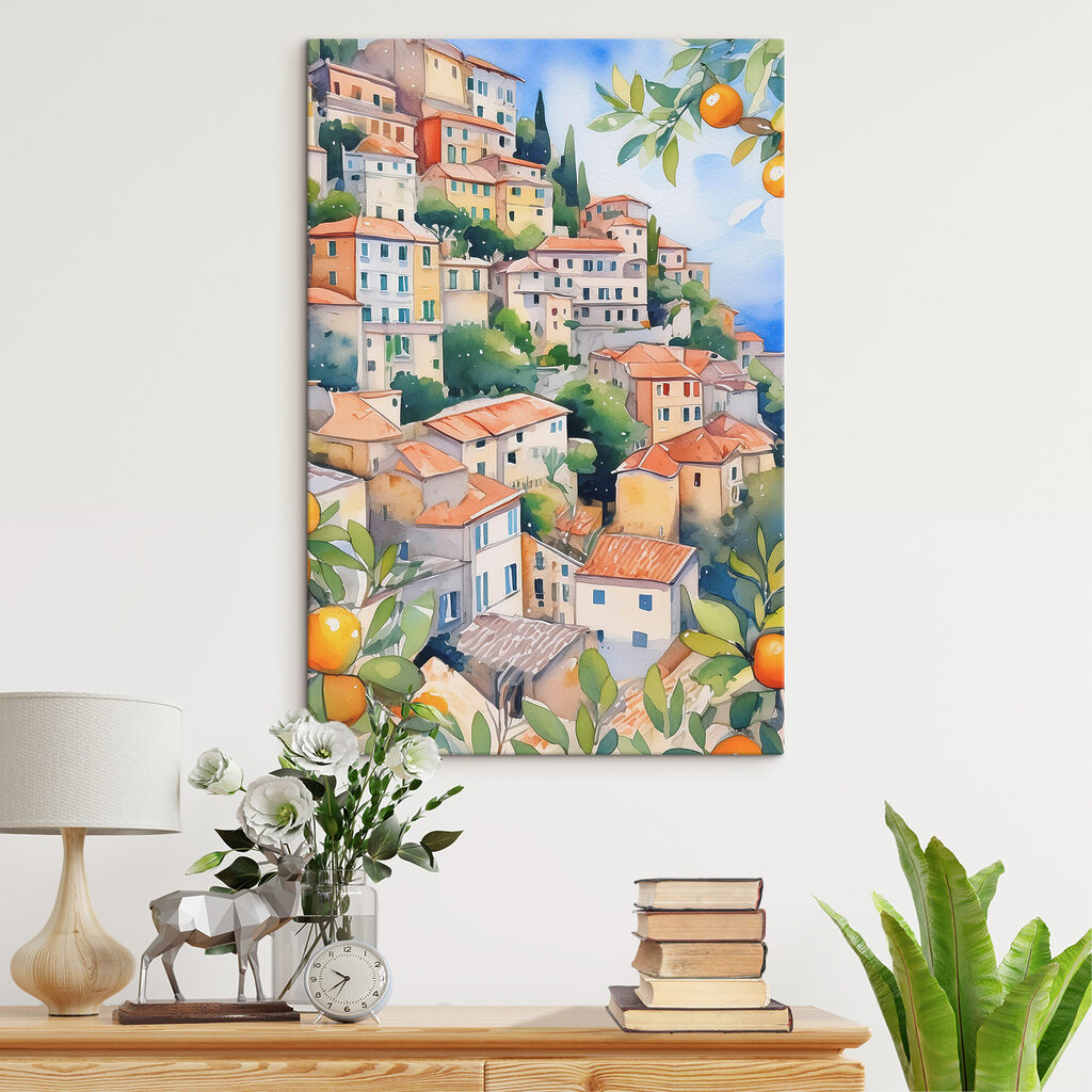 Watercolor painting of a city with oranges