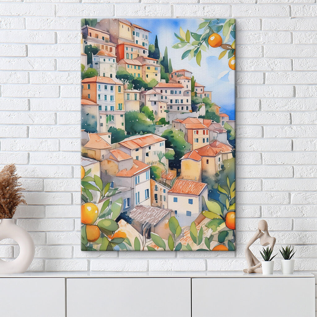 Watercolor painting of a city with oranges