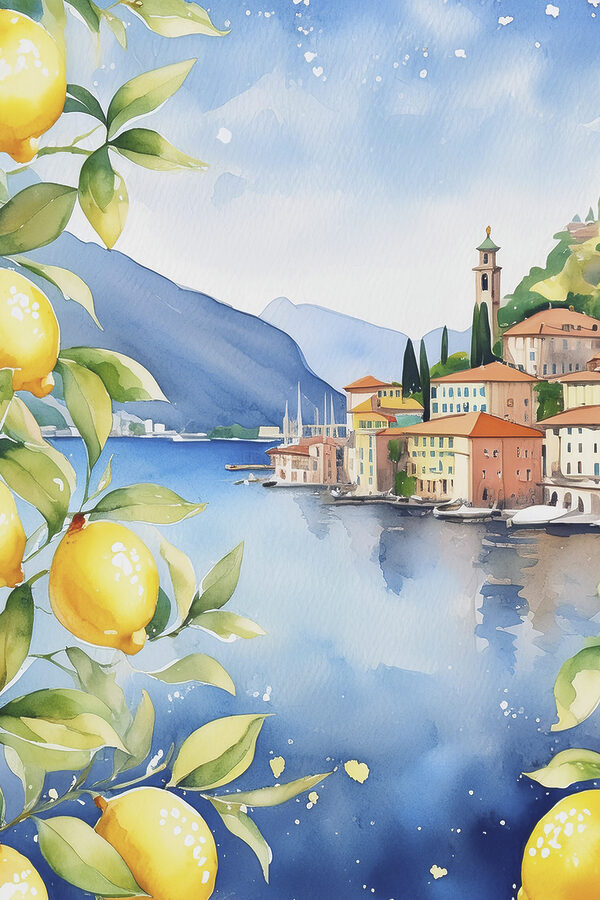 Watercolor of a city by a body of water Watercolor of a city by a body of water