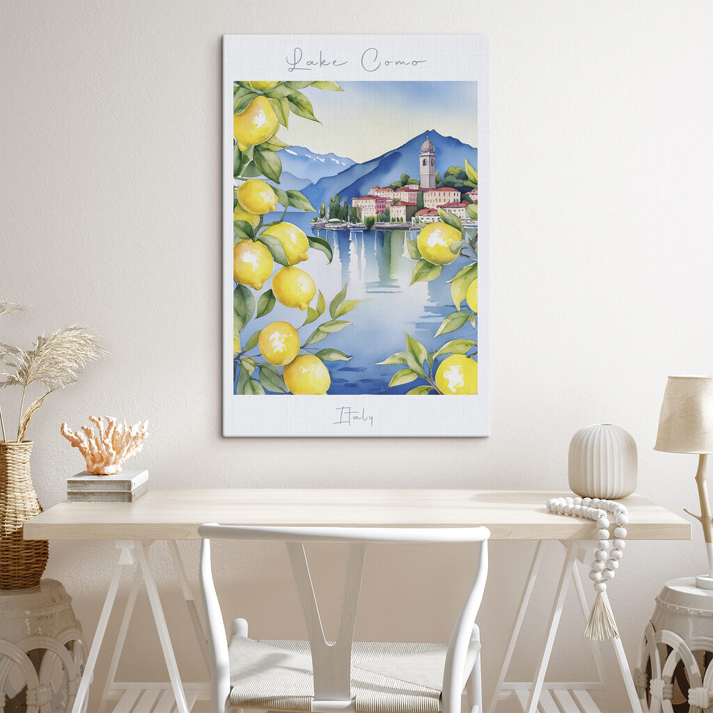 Watercolor painting of a city and mountains with yellow lemons
