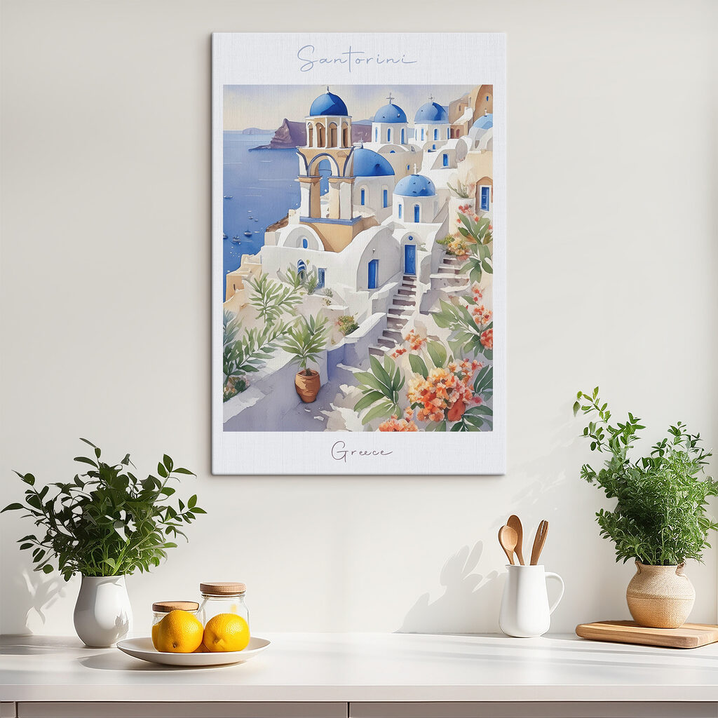 A painting of a white building with blue domes