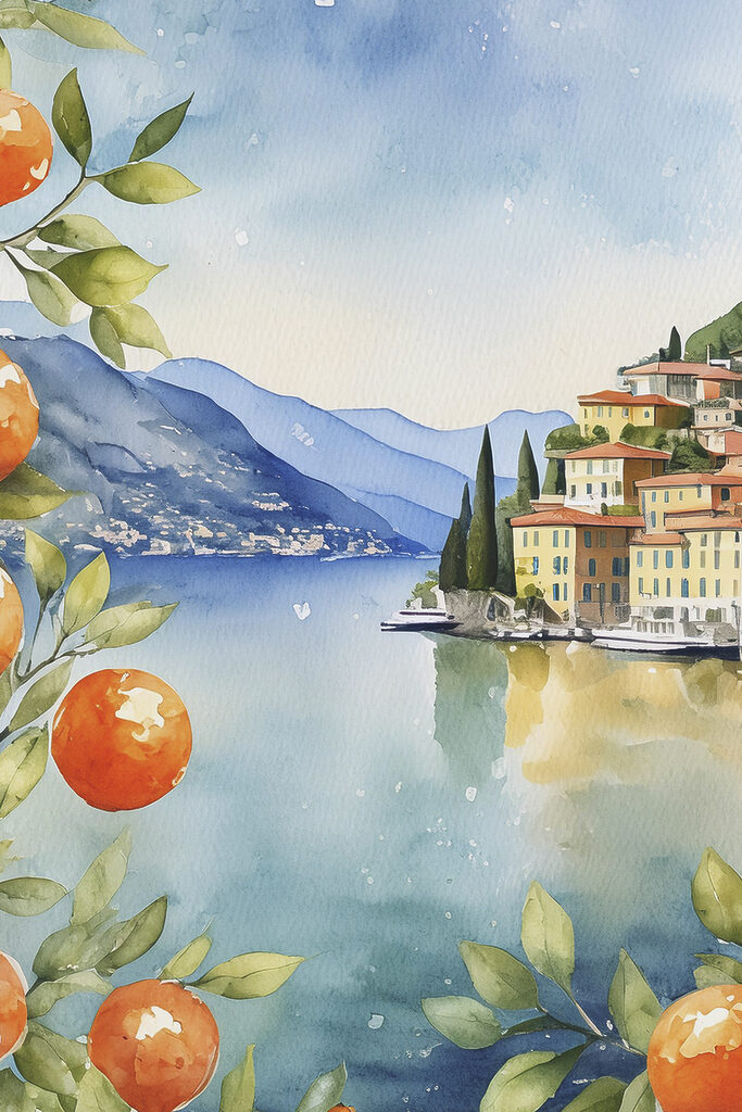Watercolor of a town next to a body of water