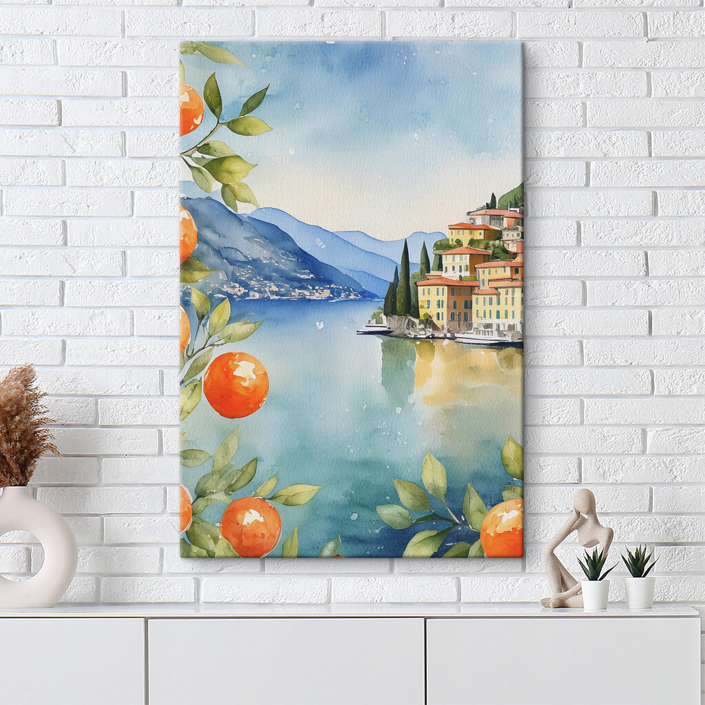 Watercolor of a town next to a body of water