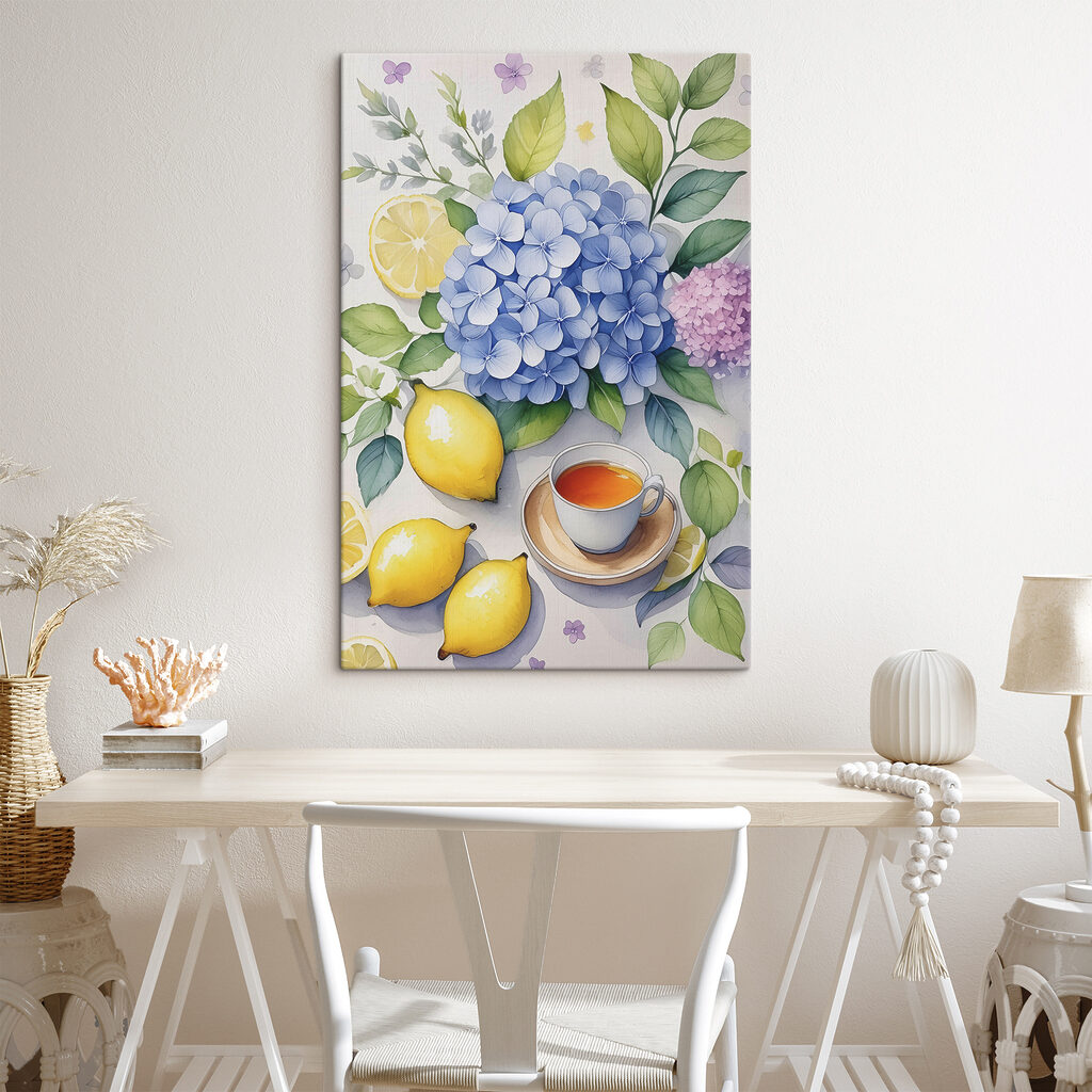 A painting of a cup of tea and lemons A painting of a cup of tea and lemons