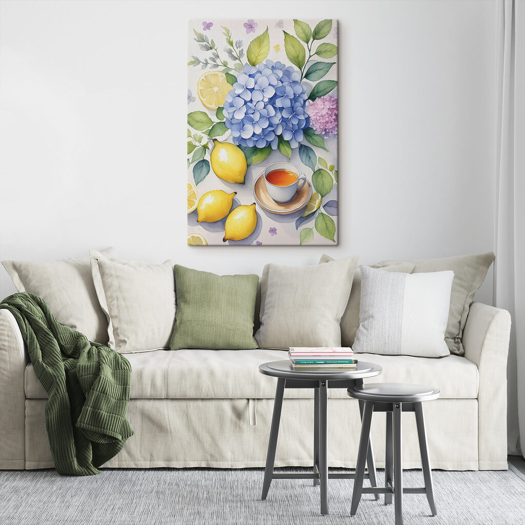 A painting of a cup of tea and lemons A painting of a cup of tea and lemons