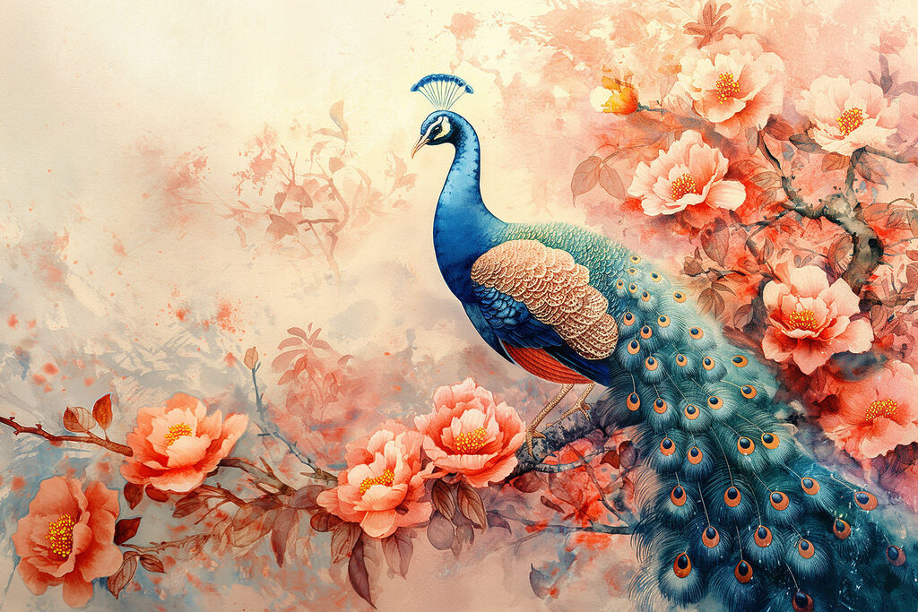A painting of a peacock on a branch with flowers