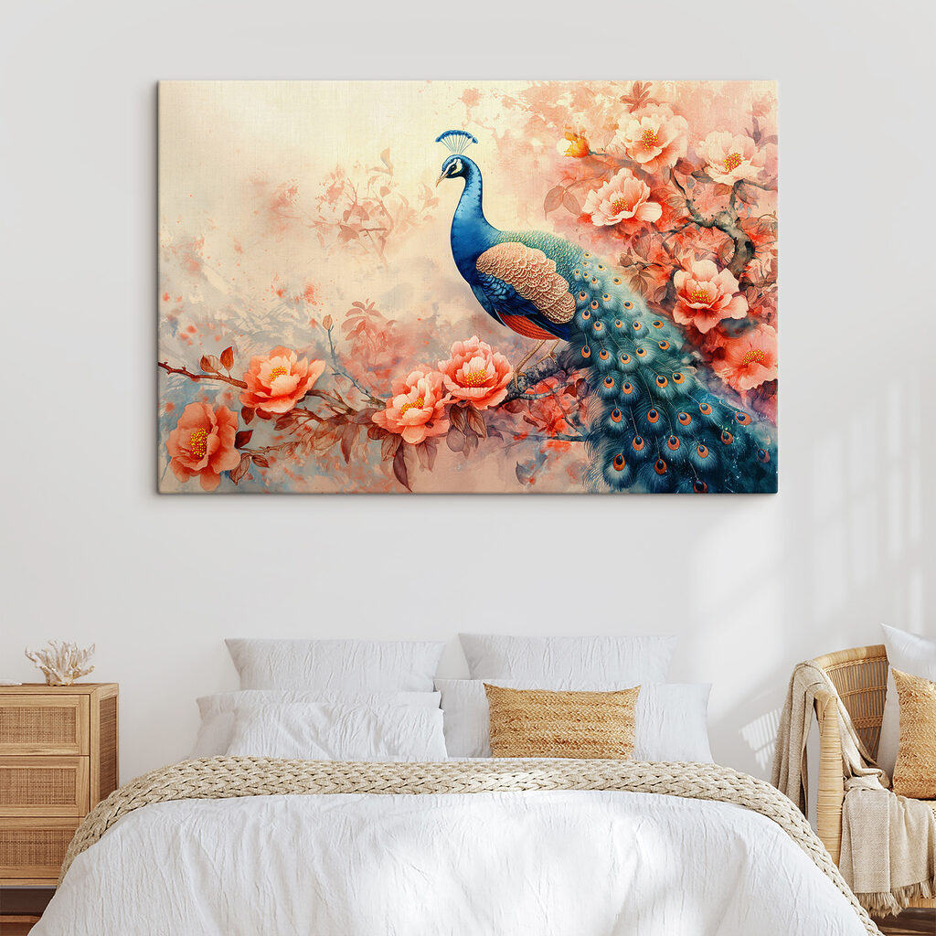 A painting of a peacock on a branch with flowers