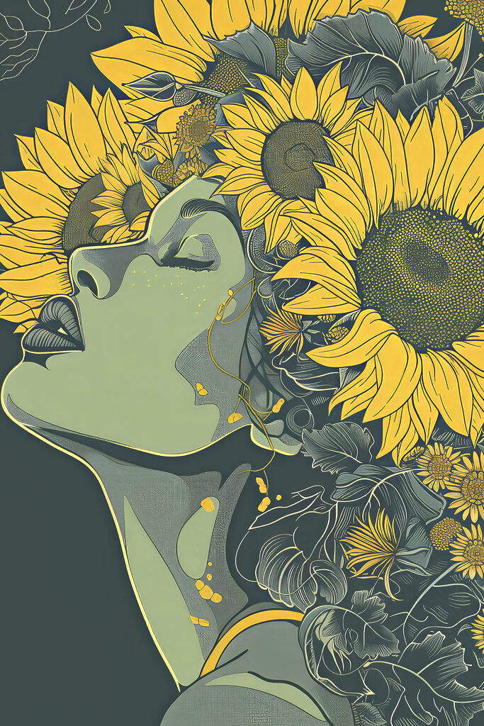 A woman with sunflowers in her hair
