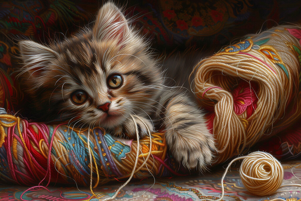 A cat lying on a ball of yarn