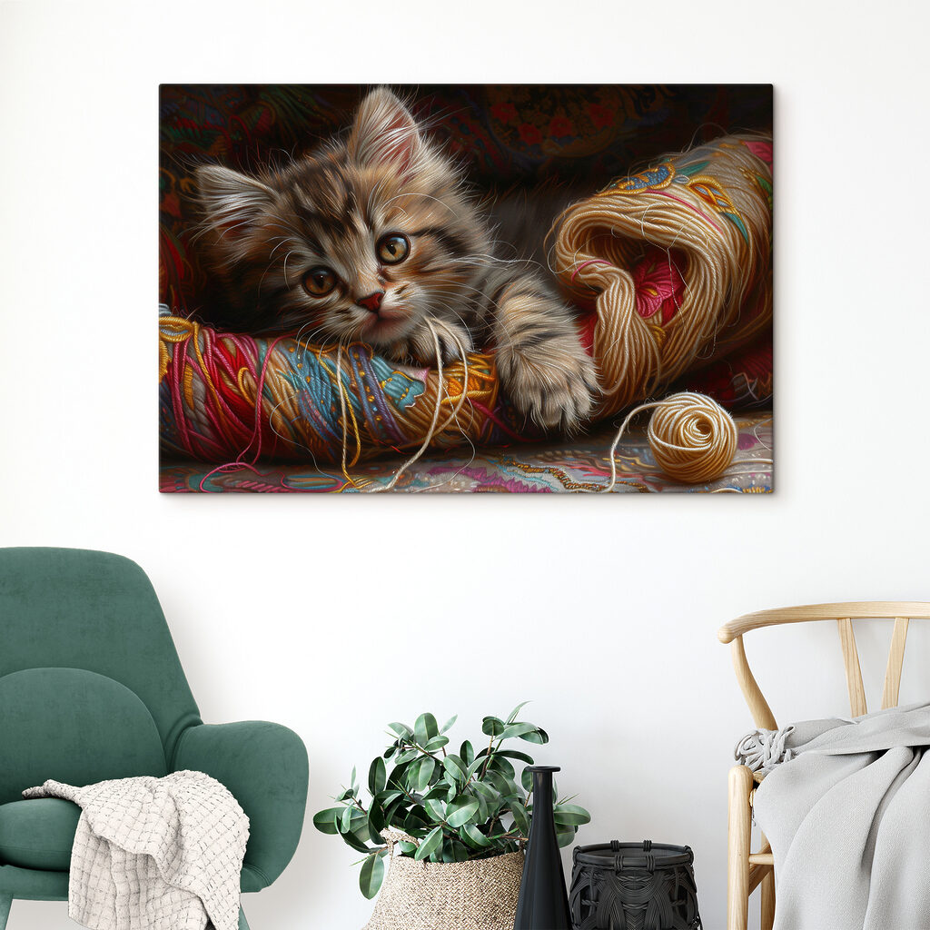 A cat lying on a ball of yarn