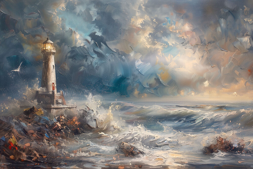 A painting of a lighthouse in the ocean