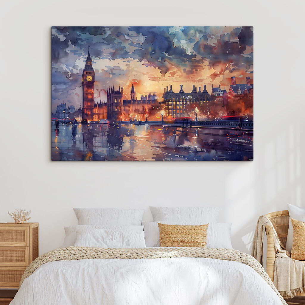 A watercolor painting of a city with a clock tower and a river