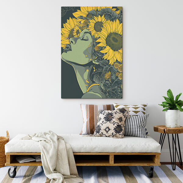 A woman with sunflowers in her hair