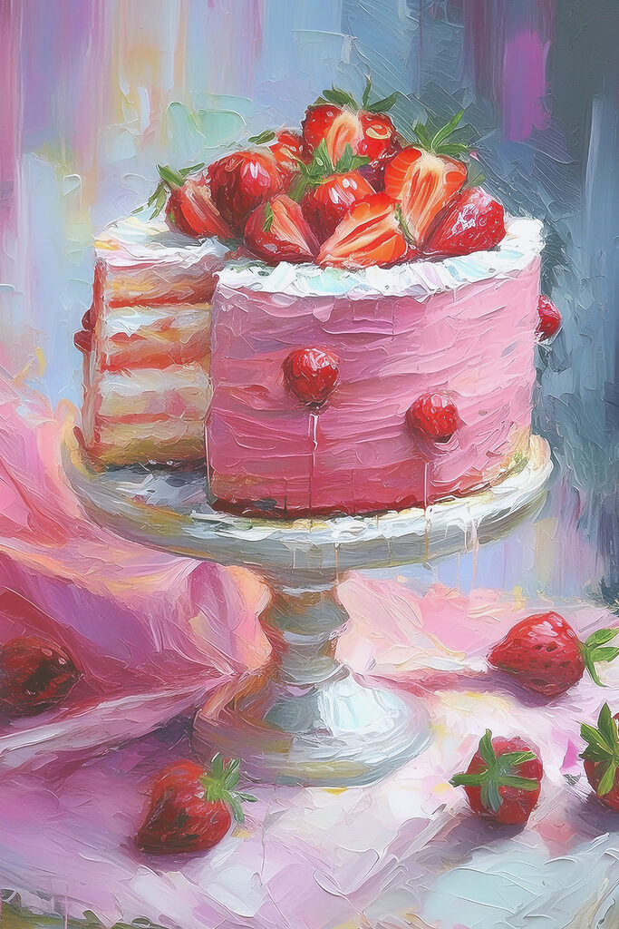 A painting of a cake with strawberries on top A painting of a cake with strawberries on top