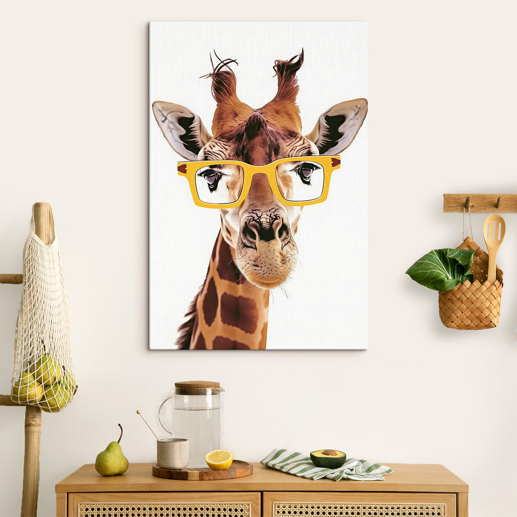 A giraffe wearing yellow glasses