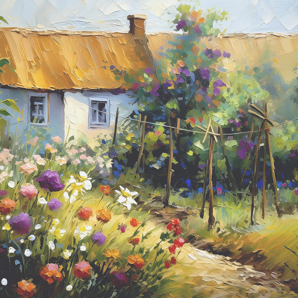 A painting of a house and flowers