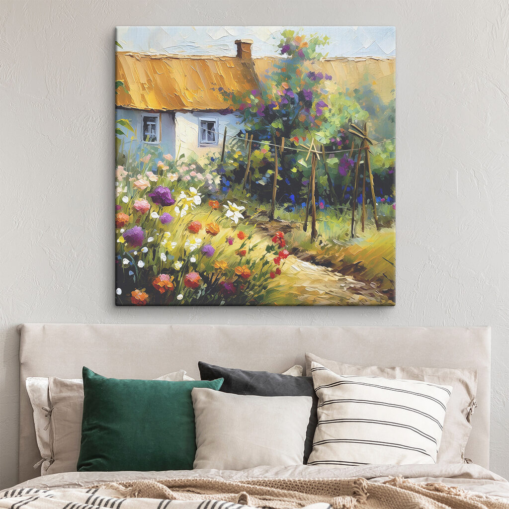 A painting of a house and flowers