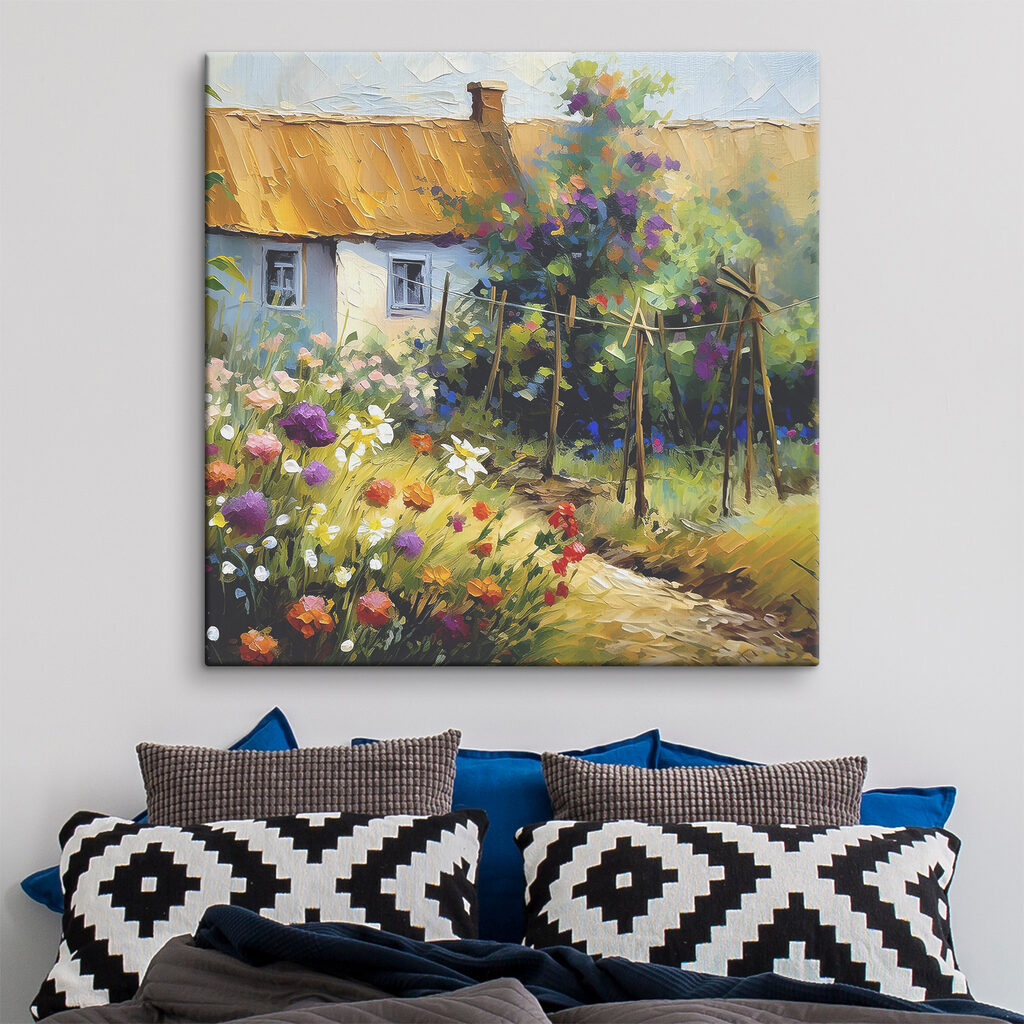 A painting of a house and flowers