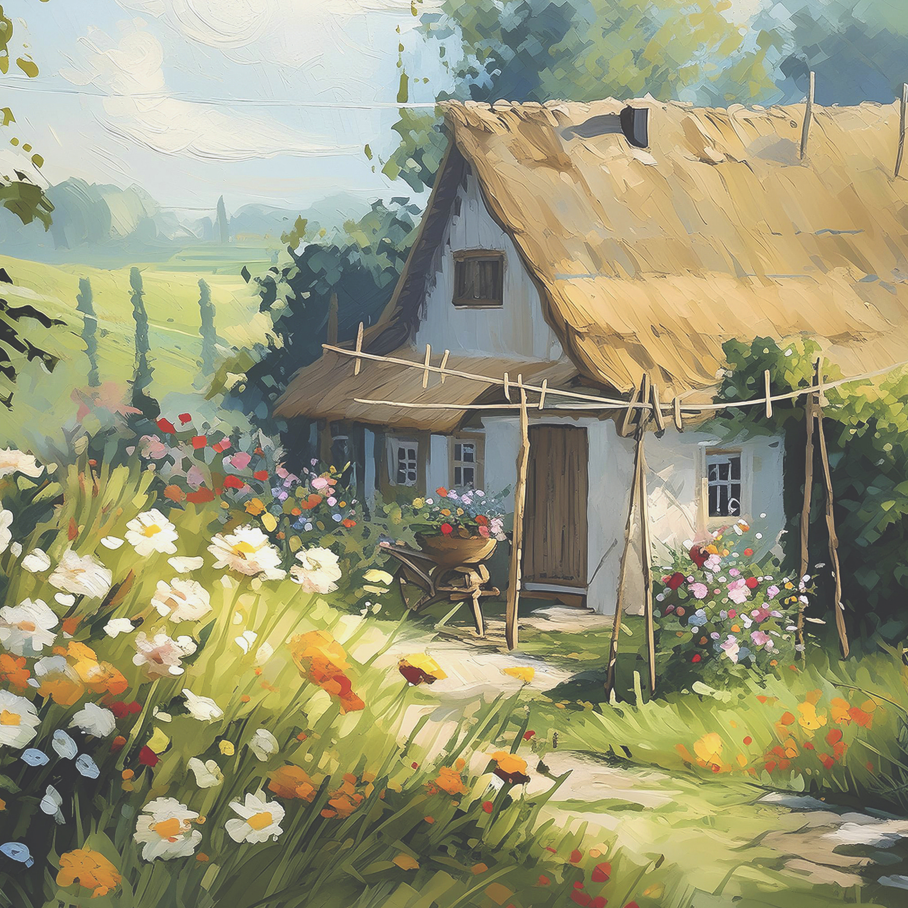 A painting of a house with flowers and plants