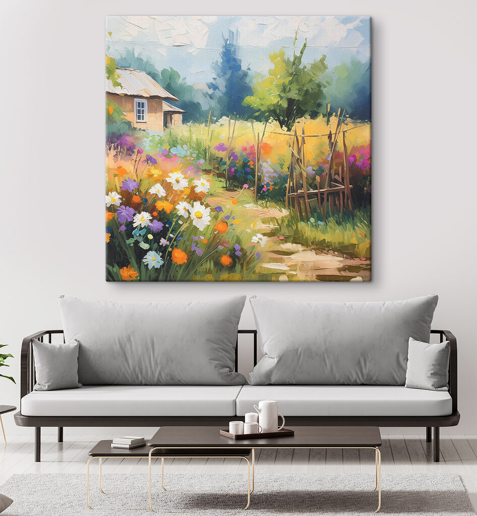 A painting of a house and flowers A painting of a house and flowers