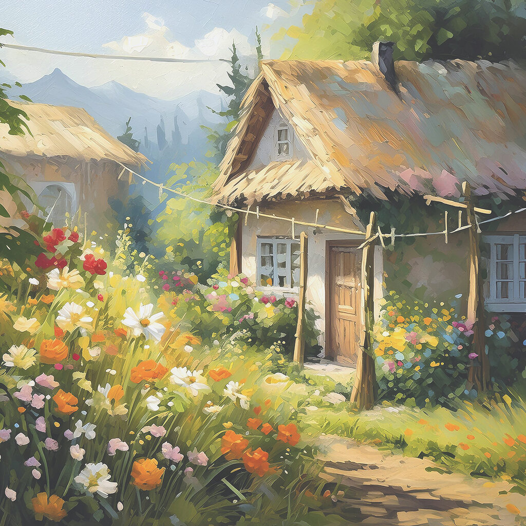 A painting of a house with flowers