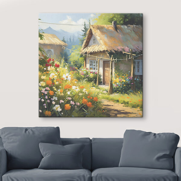 A painting of a house with flowers