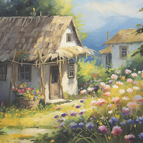 A painting of a house with flowers A painting of a house with flowers
